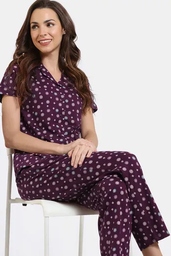 Buy Zivame Indigo Maze Knit Cotton Pyjama Set - Winter Bloom